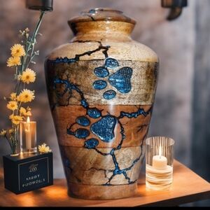 *SOLD on FB* rtisan Wooden Urn with Blue Accents